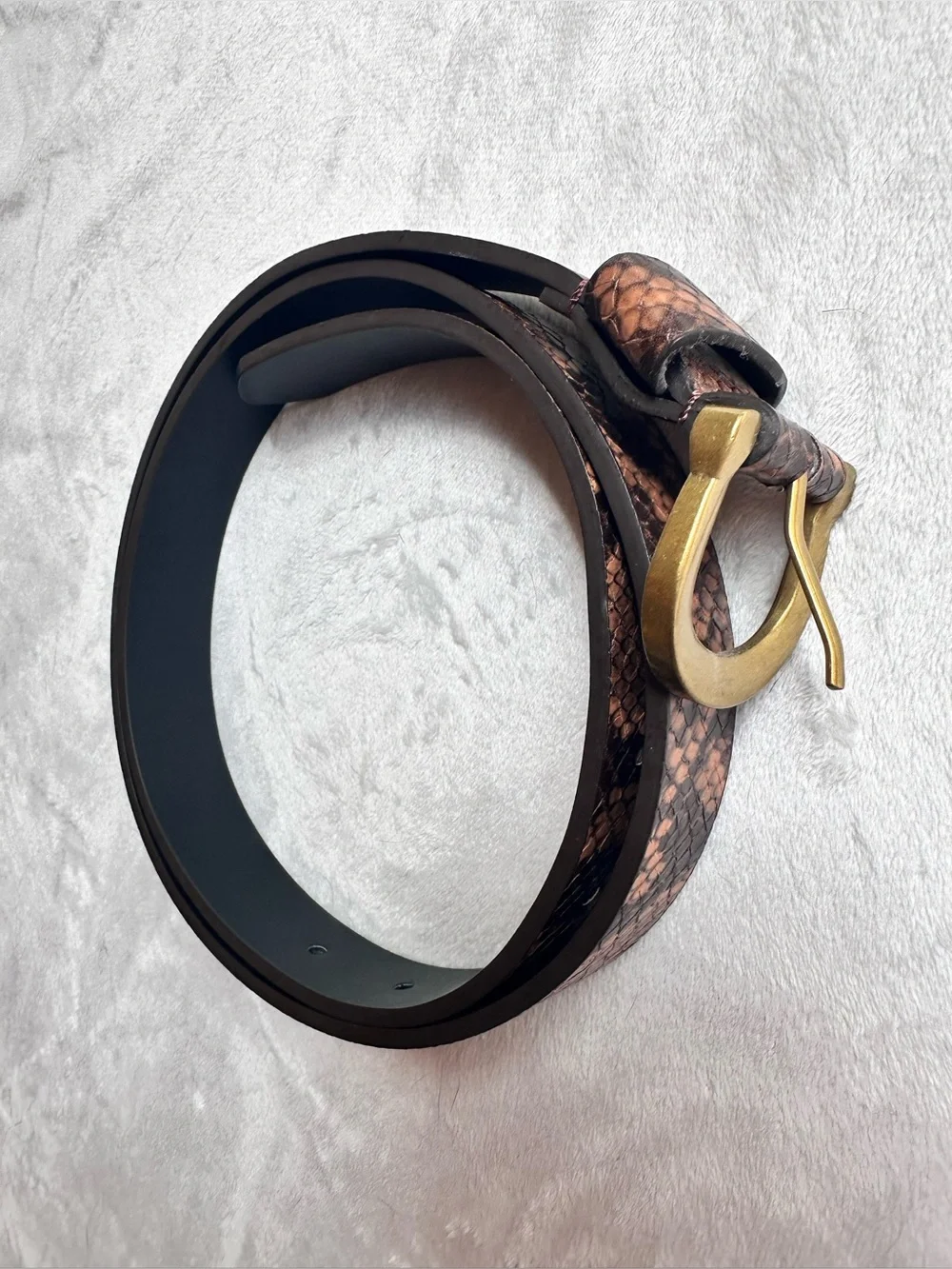 Snake-Print Belt with Brass Buckle - Pink Brown